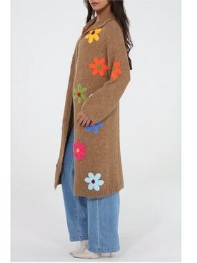 NEW Long Floral Appliqué Knit Coatigan - Mocha